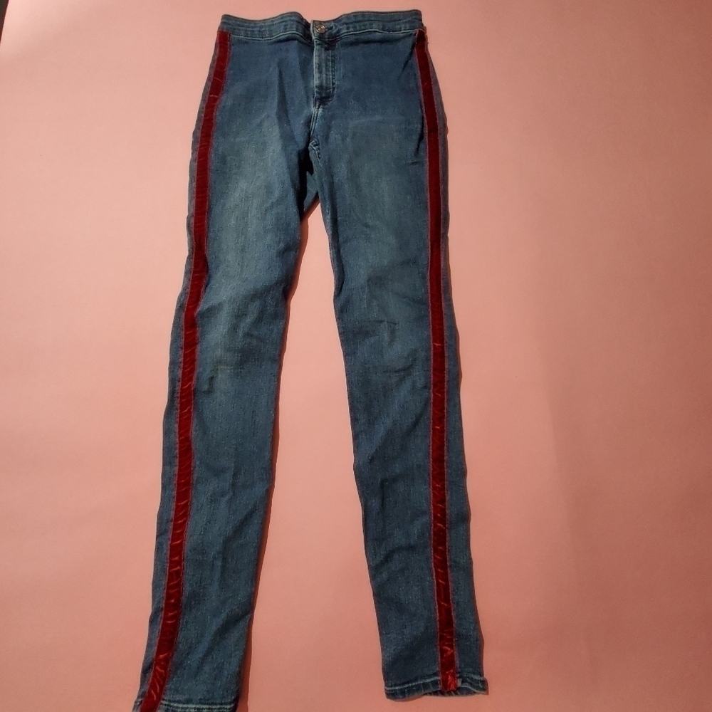 H&M Divided Blue Jean Dark Red Burgandy Velvet Stripe